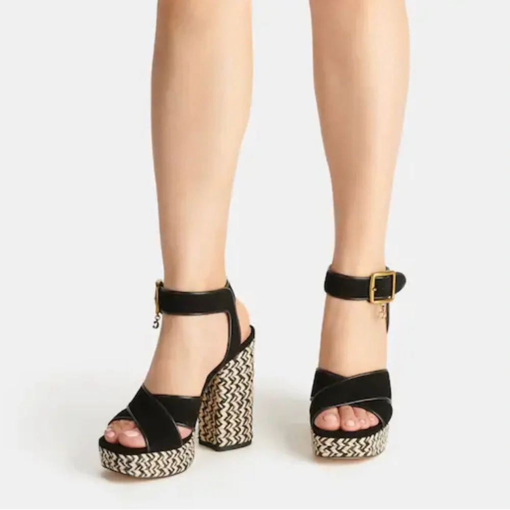 GUWOB Coach Black Suede Platform Sandals with Woven Rope Heel